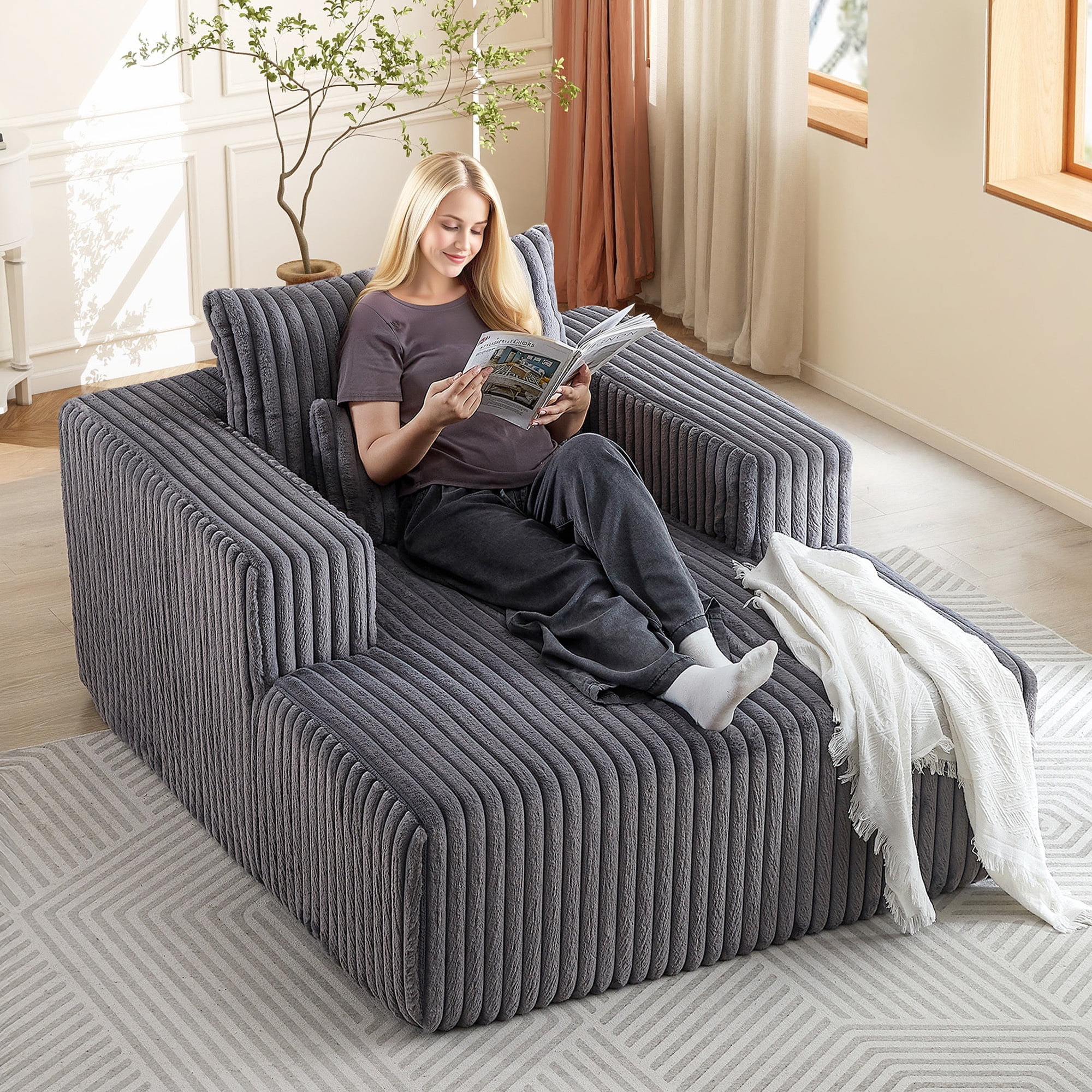 Muumblus Oversized Chaise Lounge Chair No Assembly Required Cozy Corduroy Sofa Bed for Living Room Black
