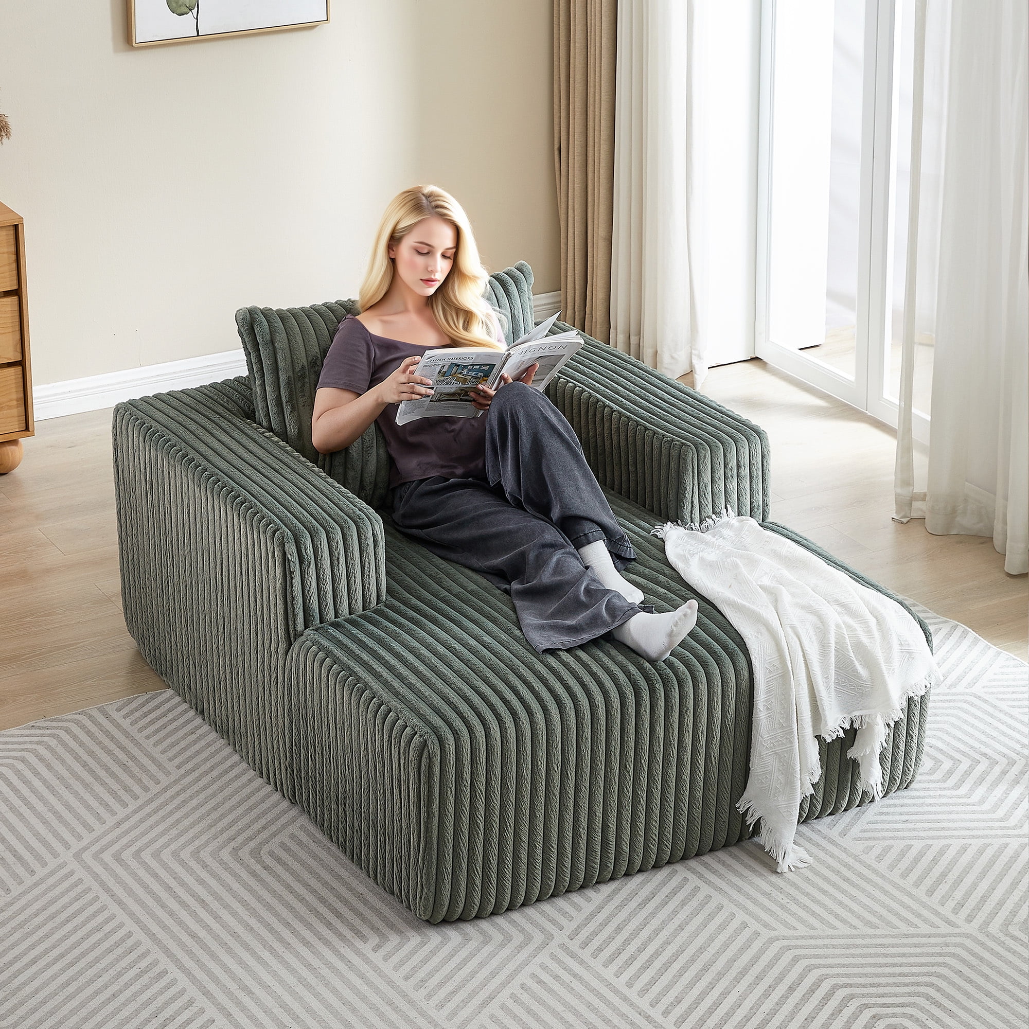 Muumblus Oversized Chaise Lounge Chair No Assembly Required Cozy Corduroy Sofa Bed for Living Room Black