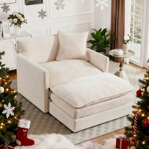 Muumblus Oversized Lounge Chair with Ottoman, Plush Cloud Accent Armchair for Living Room, Beige Chenille