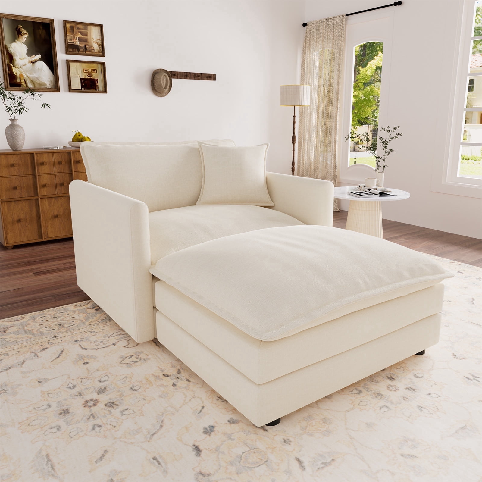 Muumblus Oversized Lounge Chair with Ottoman, Beige Chenille