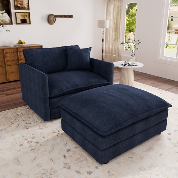 Muumblus Oversized Lounge Chair with Ottoman, Plush Cloud Accent Armchair for Living Room, Bedroom, Blue Chenille