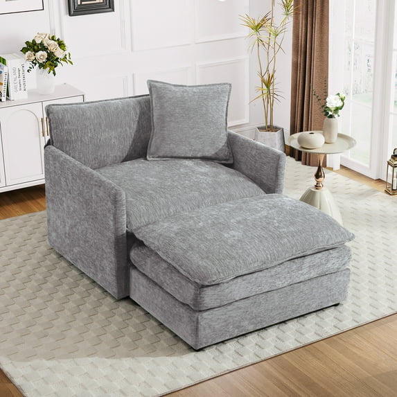 Muumblus Oversized Lounge Chair with Ottoman, Cloud Accent Armchair for Living Room, Gray Chenille
