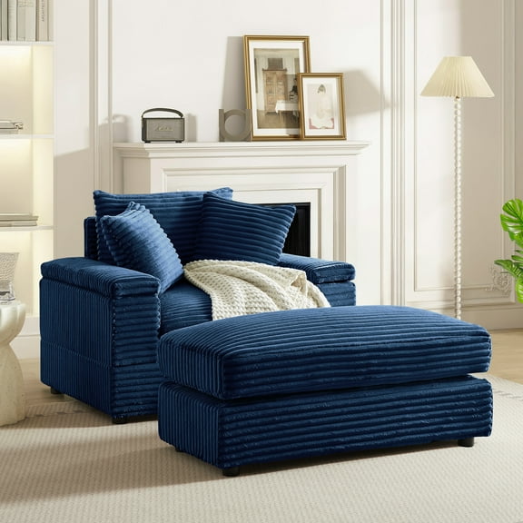 Muumblus Oversized Lounge Chair with Ottoman, Cloud Accent Reading Armchair for Living Room, Blue Chenille