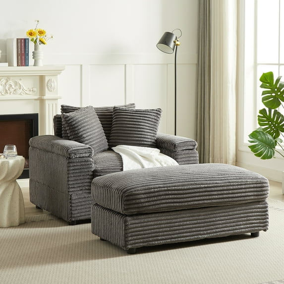 Muumblus Oversized Lounge Chair with Ottoman, Cloud Accent Reading Armchair for Living Room, Gray Chenille