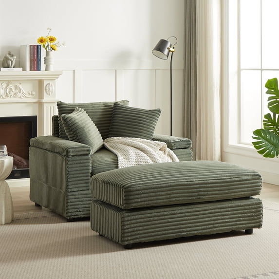 Muumblus Oversized Lounge Chair with Ottoman, Cloud Accent Reading Armchair for Living Room, Green Chenille