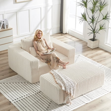 Muumblus Oversized Indoor Lounge Chair with Ottoman, No Assembly Required, Plush Chaise Lounge Indoor Furniture, Corduroy Sleeper Sofa Bed, Beige