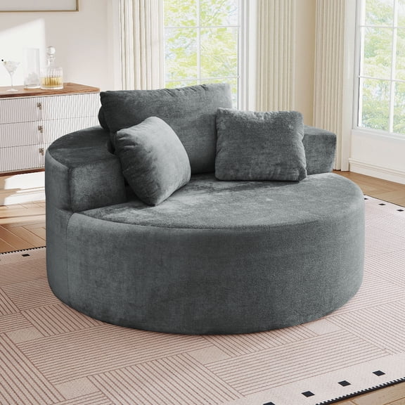 Muumblus Oversized Round Lounge Chaise Chair Indoor,Boneless Cloud Couch with 3 Pillows, No Assembly Required, Modern Accent Chair for Living Room, Gray Chenille