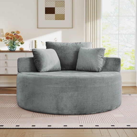 Muumblus Oversized Round Lounge Chaise Chair Indoor,Boneless Cloud Couch with 3 Pillows, No Assembly Required, Modern Accent Chair for Living Room, Gray Chenille