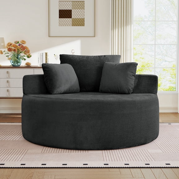 Muumblus Oversized Round Lounge Chaise Chair Indoor,Boneless Cloud Couch with 3 Pillows, No Assembly Required, Modern Accent Chair for Living Room, Black Chenille