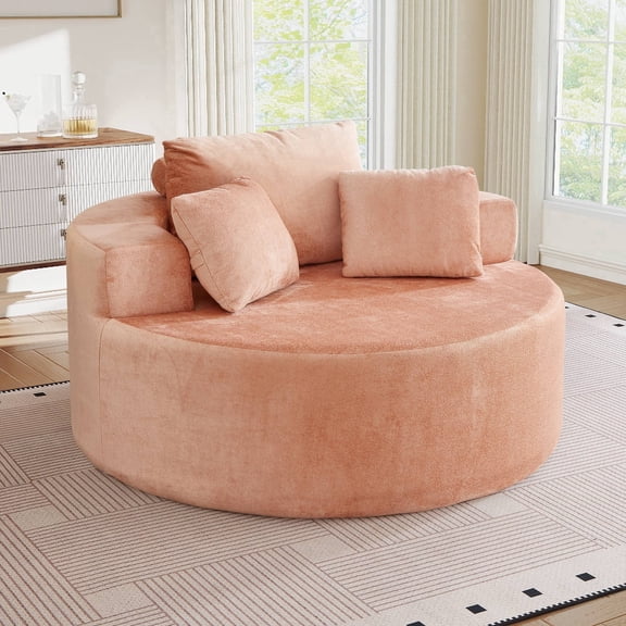 Muumblus Oversized Round Lounge Chaise Chair Indoor,Boneless Cloud Couch with 3 Pillows, No Assembly Required, Modern Accent Chair for Living Room, Pink Chenille