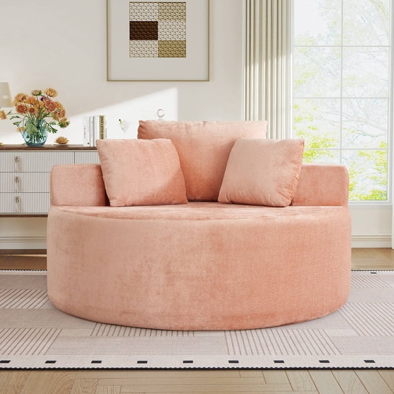 Muumblus Oversized Round Lounge Chaise Chair Indoor,Boneless Cloud Couch with 3 Pillows, No Assembly Required, Modern Accent Chair for Living Room, Pink Chenille