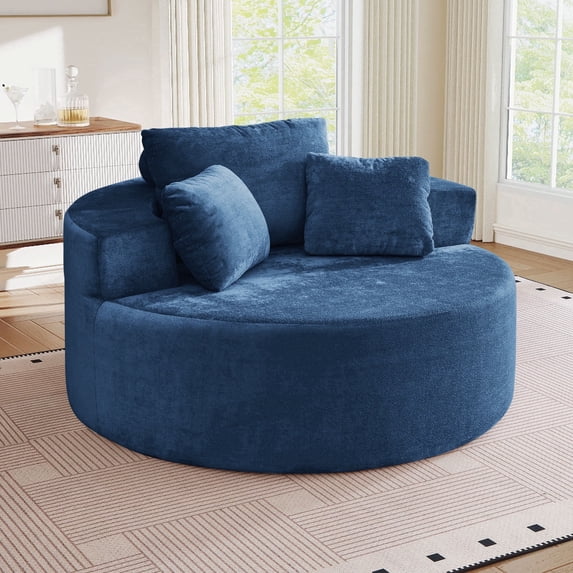 Muumblus Oversized Round Lounge Chaise Chair Indoor,Boneless Cloud Couch with 3 Pillows, No Assembly Required, Modern Accent Chair for Living Room, Blue Chenille