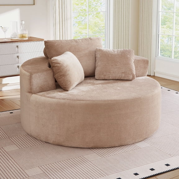 Muumblus Oversized Round Lounge Chaise Chair Indoor,Boneless Cloud Couch with 3 Pillows, No Assembly Required, Modern Accent Chair for Living Room, Camel Chenille
