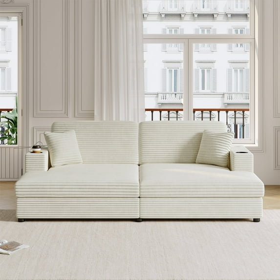 FFH Oversized Sleeper Sofa, Corduroy Upholstered Loveseat Couch Bed with USB Ports, Cup Holders and 2 Throw Pillows, Lounge Sofa for Living Room, Bedroom