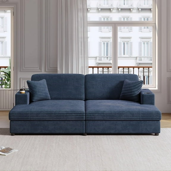 FFH Oversized Sleeper Sofa, Corduroy Upholstered Loveseat Couch Bed with USB Ports, Cup Holders and 2 Throw Pillows, Lounge Sofa for Living Room, Bedroom