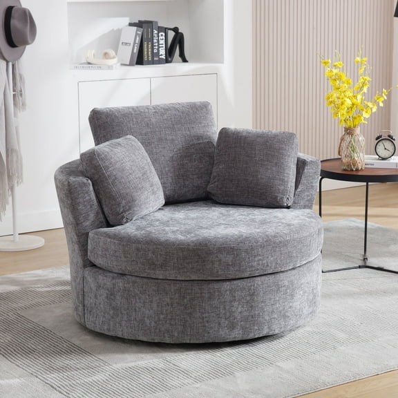 Muumblus Swivel Storage Upholstery Oversized Accent Barrel Chair, Comfy Chenille Armchair, Gray