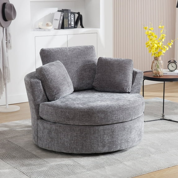 Muumblus Swivel Storage Upholstery Oversized Accent Barrel Chair, Comfy Chenille Armchair, Gray