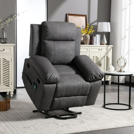 Muumblus Power Lift Recliner Chair Recliners for Elderly, Heat and Massage, PU Leather Sofa Chair for Living Room Bedroom, Gray