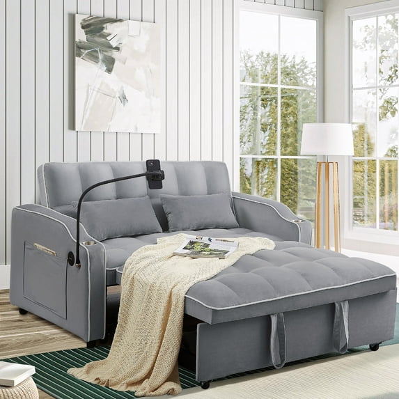 Muumblus Pull Out Sofa Bed, 3-in-1 Convertible Loveseat Sleeper Sofas with USB/Type C, Modern 2 Seater Velvet Couch for Living Room, Apartment, Gray