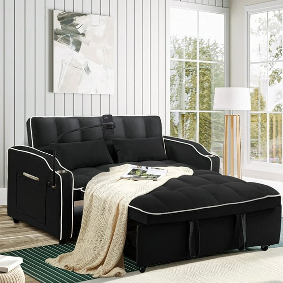 Muumblus Pull Out Sofa Bed, 3-in-1 Convertible Loveseat Sleeper Sofas with USB/Type C, Modern 2 Seater Velvet Couch for Living Room, Apartment, Black
