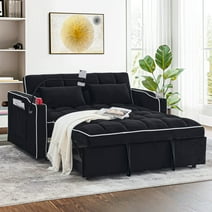 Muumblus Pull Out Sofa Bed with Phone Stand, USB Port, 3-in-1 Convertible Futon Sofa Bed, Loveseat Sleeper for Living Room/Apratment, Black Velvet
