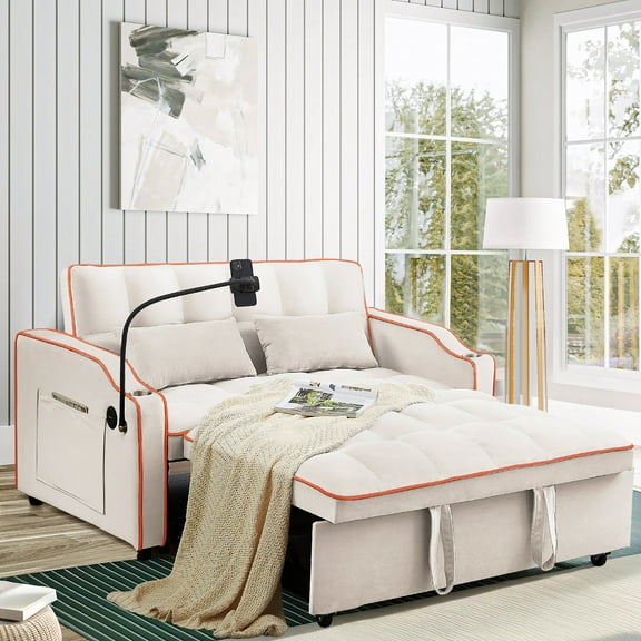 Muumblus Pull Out Sofa Bed, 3-in-1 Convertible Sleeper Sofa, Modern 2 Seater Sofa Couch with USB/Type C Port and Cup Holders, Velvet Loveseat Sleeper for Living Room, Apartment, Beige