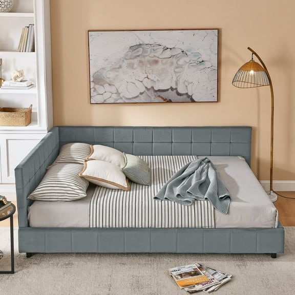 FFH Queen Size Bed Frame, Upholstered Velvet Platform Bed with Tufted Headboard, with Wooden Slats Support, No Box Spring Needed, for Bedroom and Guest Room.