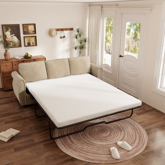 Muumblus Queen Size Pull Out Sofa Bed, 2-in-1 Convertible Sleeper Couches with Memory Foam Mattress, 3 Seat Sleeper Couch Beds for Living Room, Beige