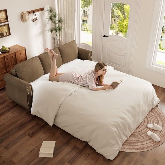 Muumblus Queen Size Pull Out Sofa Bed, 2-in-1 Convertible Sleeper Couches with Memory Foam Mattress, 3 Seat Sleeper Couch Beds for Living Room, Brown