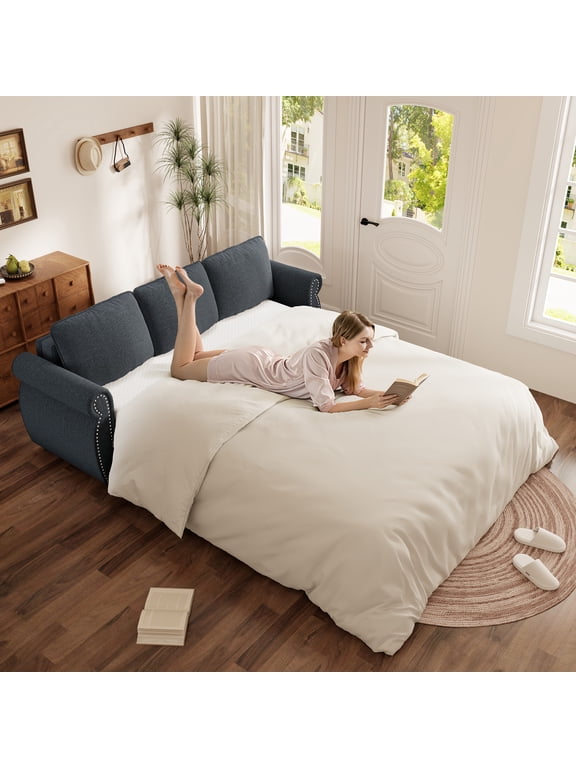 Queen Size Pull Out Sofa Bed, 2-in-1 Convertible Sleeper Couches with Memory Foam Mattress, 3 Seat Sleeper Couch Beds for Living Room, Dark Gray