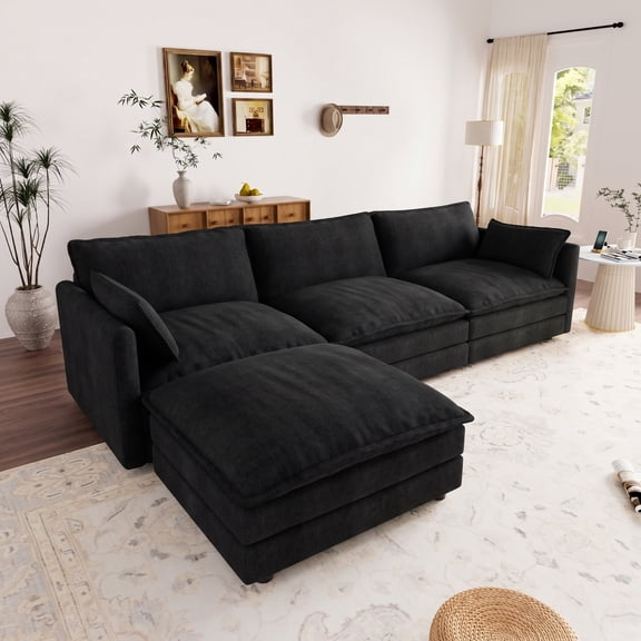 Muumblus Sectional Cloud Couch with Reversible Ottoman, L-Shaped Chenille Sofa for Living Room, Black