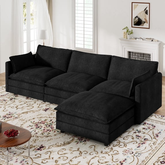 Muumblus Sectional Cloud Couch with Reversible Ottoman, L-Shaped Chenille Sofa for Living Room, Black