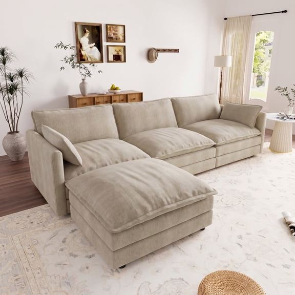 Muumblus Sectional Cloud Couch with Reversible Ottoman, L-Shaped Chenille Sofa for Living Room, Camel