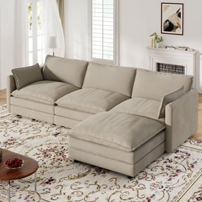 Muumblus Sectional Cloud Couch with Reversible Ottoman, L-Shaped Chenille Sofa for Living Room, Camel