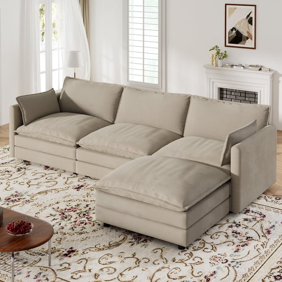 Muumblus Sectional Cloud Couch with Reversible Ottoman, L-Shaped Chenille Sofa for Living Room, Camel