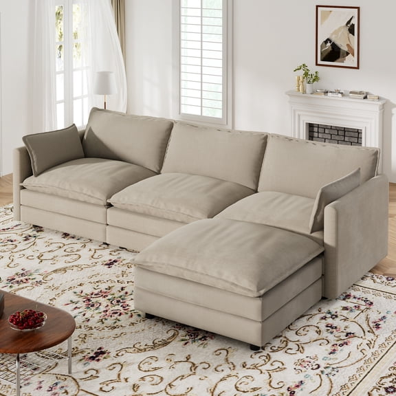 Muumblus Sectional Cloud Couch with Reversible Ottoman, L-Shaped Chenille Sofa for Living Room, Camel