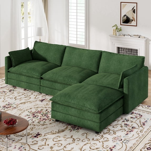 Muumblus Sectional Cloud Couch with Reversible Ottoman, L-Shaped Chenille Sofa for Living Room, Green
