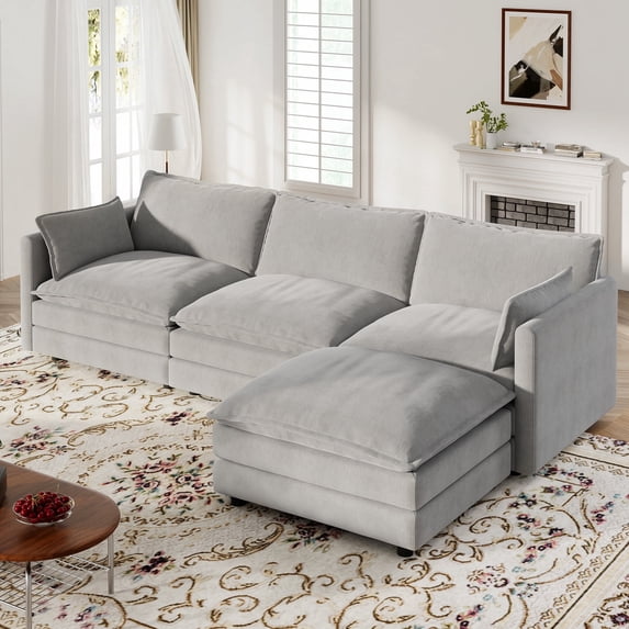 Muumblus Sectional Cloud Couch with Reversible Ottoman, L-Shaped Chenille Sofa for Living Room, Light Gray