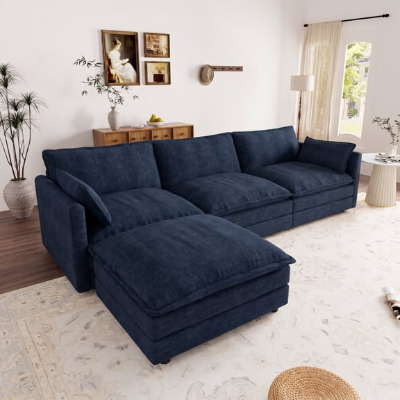 Muumblus Sectional Cloud Couch with Reversible Ottoman, L-Shaped Chenille Sofa for Living Room, Navy Blue