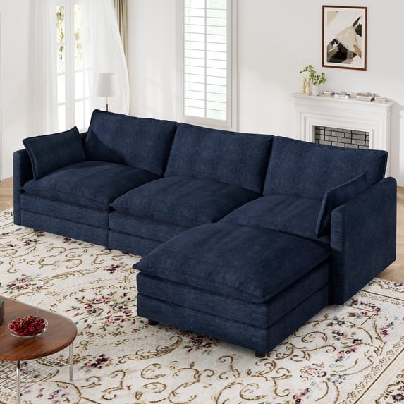 Muumblus Sectional Cloud Couch with Reversible Ottoman, L-Shaped Chenille Sofa for Living Room, Navy Blue