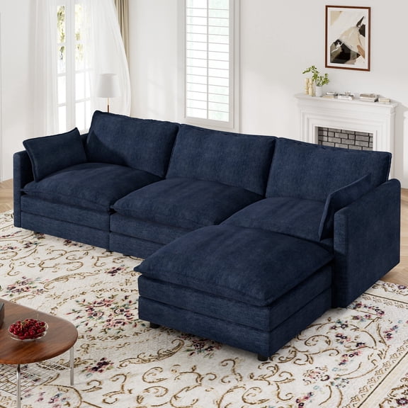 Muumblus Sectional Cloud Couch with Reversible Ottoman, L-Shaped Chenille Sofa for Living Room, Navy Blue