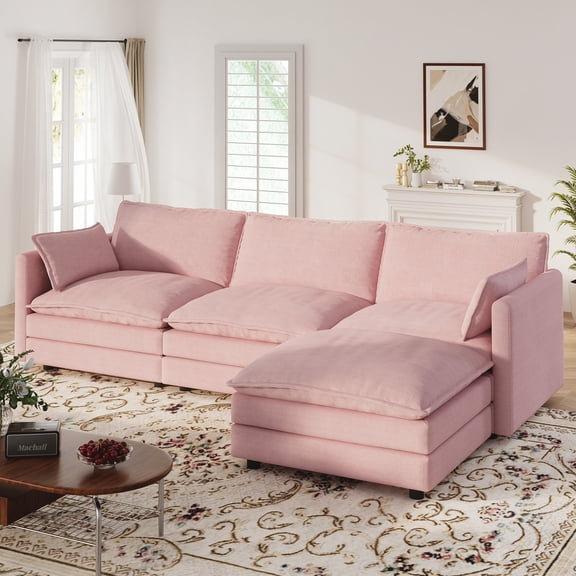 Muumblus Sectional Cloud Couch with Reversible Ottoman, L-Shaped Chenille Sofa for Living Room, Pink