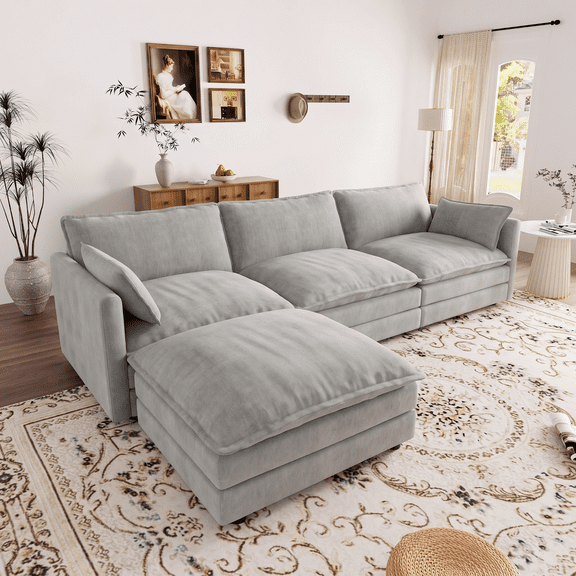 Muumblus Cloud Sectional Couch with Movable Ottoman, Oversized L-Shaped Chenille Sofa for Living Room, Gray