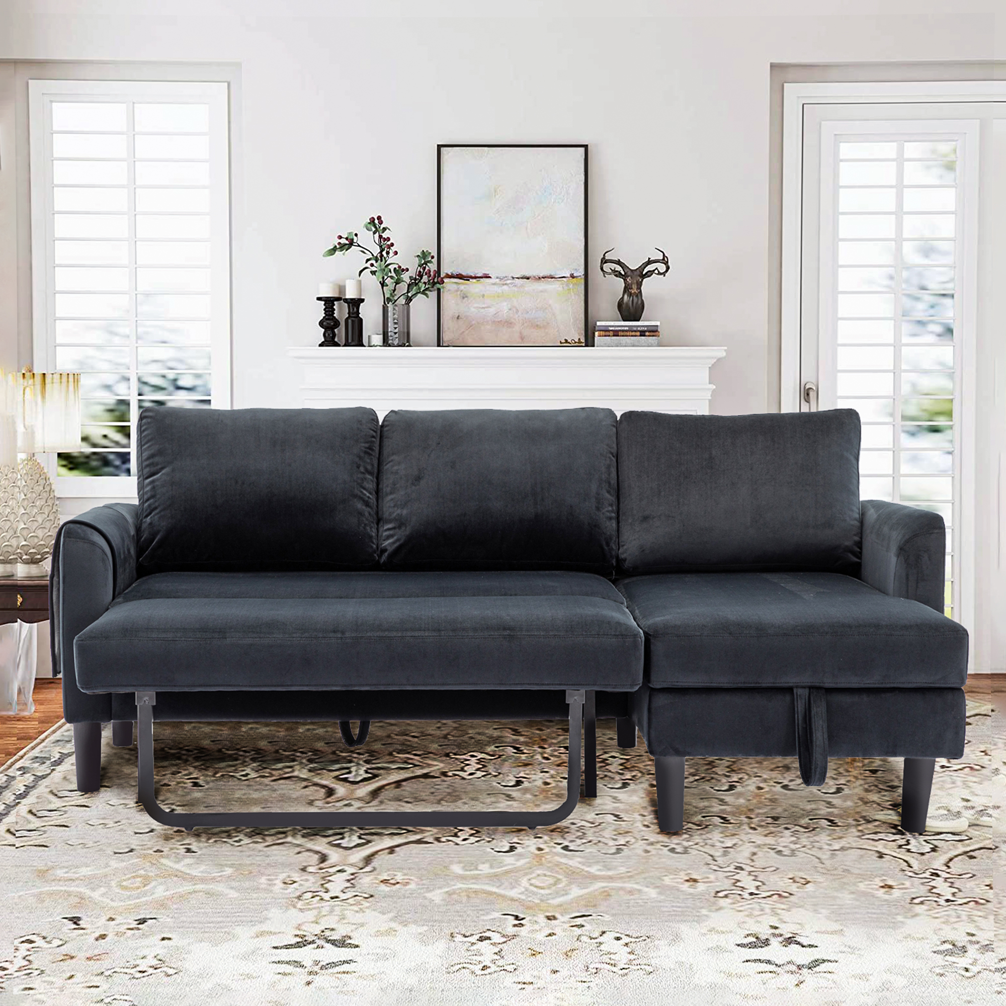 Sleeper Sofa Couch Compact Soft Velvet Sofa Bed PullOut Sleeper Sofa 2 in 1 Sofa Bed with 2