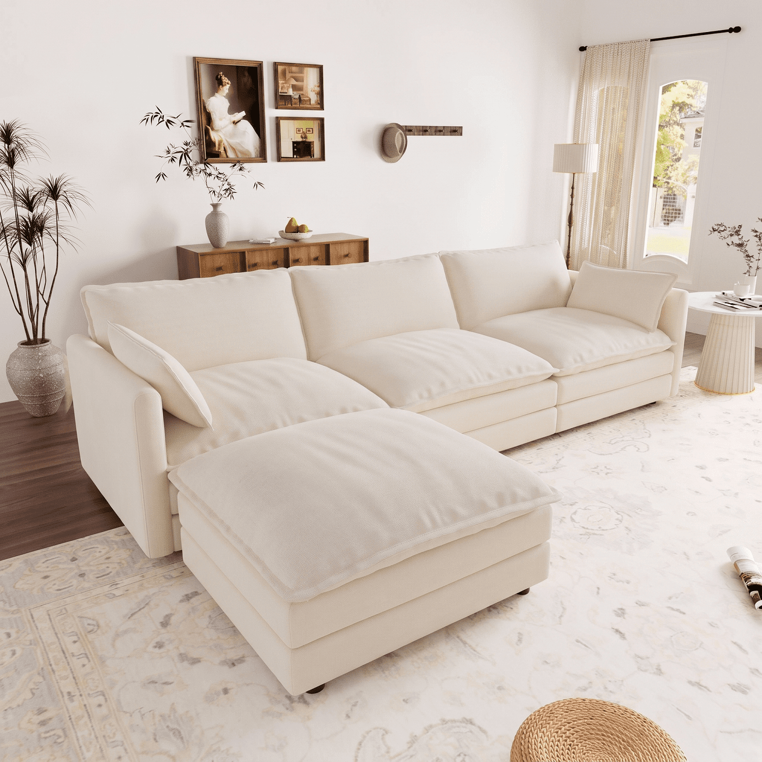 Muumblus Sectional Sofa Cloud Couch with Reversible Ottoman, L-Shaped Chenille Sofa for Living Rooms, Beige