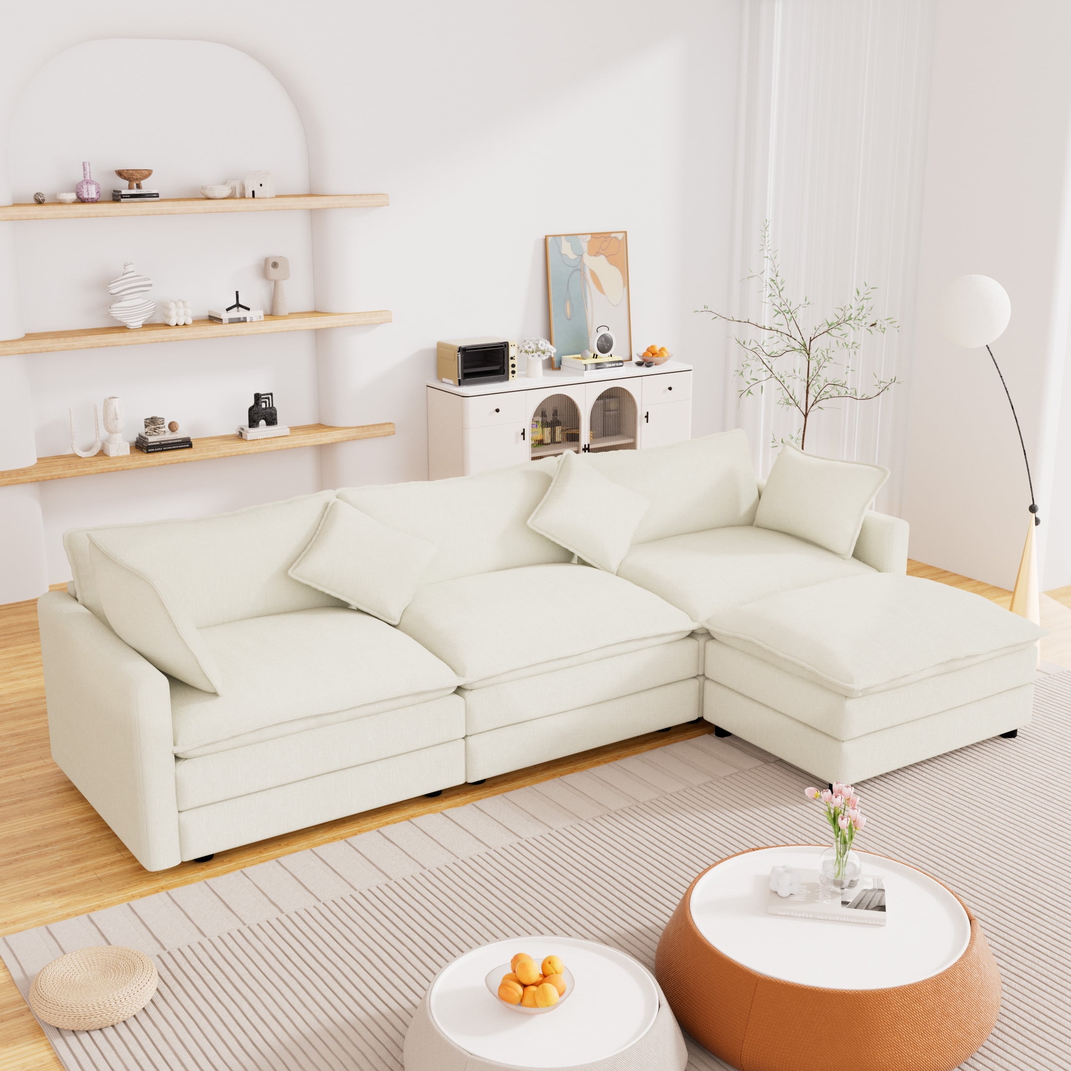 Large Muumblus L-Shaped Sectional Sofa Couch with Reversible Ottoman, Chenille Modular Cloud Sofa, Beige
