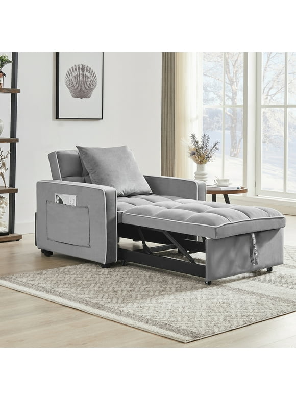 Muumblus Sleeper Sofa Chair Bed, 3-in-1 Convertible Sofa Chair with Pull Out Bed, Modern Adult Velvet Pull Out Sofa Bed for Living Room Apartment Small Space, Gray