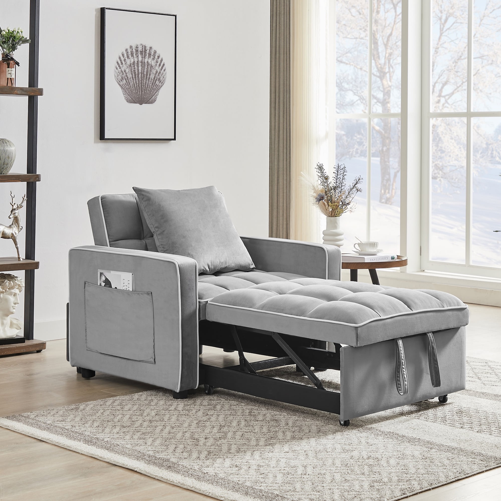 Gray Velvet Convertible Recliner Sofa Chair with Metal Frame