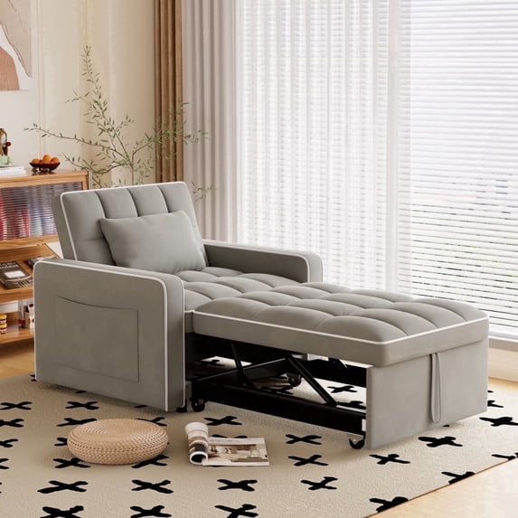 Muumblus Sleeper Sofa Chair Bed, 3-in-1 Convertible Sofa Chair, Modern Adult Velvet Chaise Lounge for Living Room, Gray