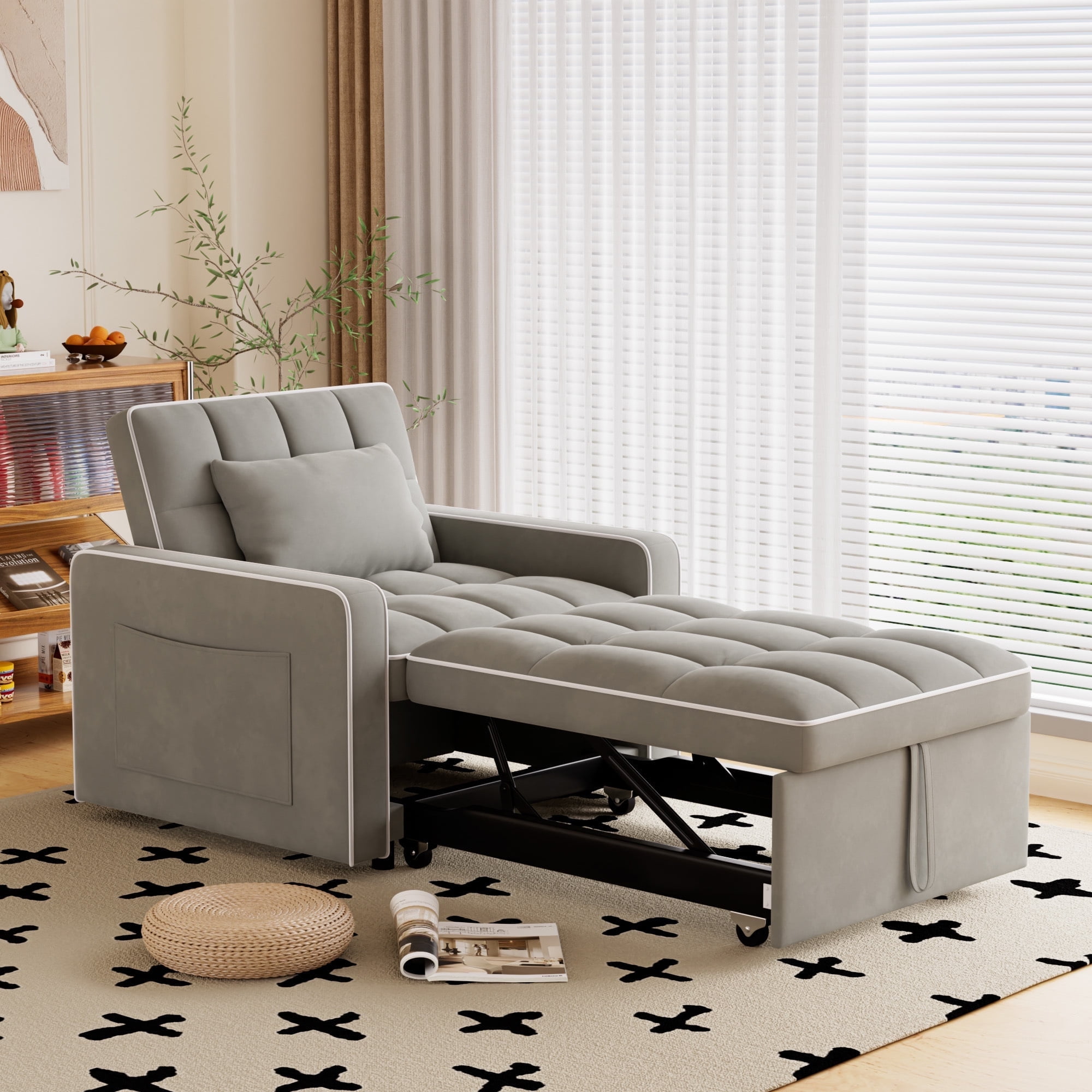 Gray Velvet Convertible Recliner Sofa Chair with Metal Frame